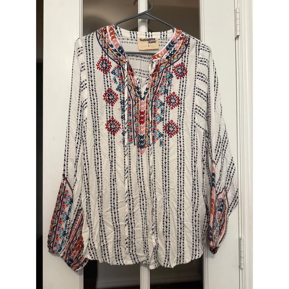 Savanna Jane cream striped embroidered peasant boho top small NWOT